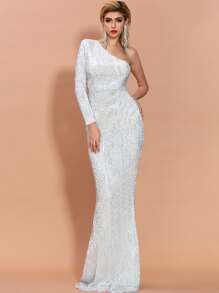 Missord vestido prom ajustado de lentejuelas de un hombro - Blanco - Ver 6