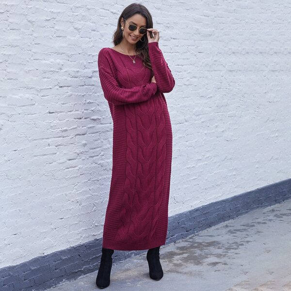 

Solid Drop Shoulder Cable Knit Dress Without Belt, Red violet