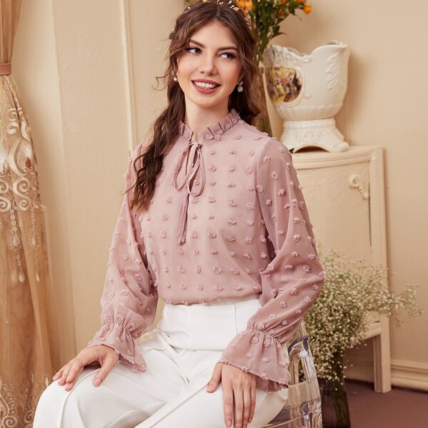 

Swiss Dot Frill Trim Tie Neck Blouse, Dusty pink