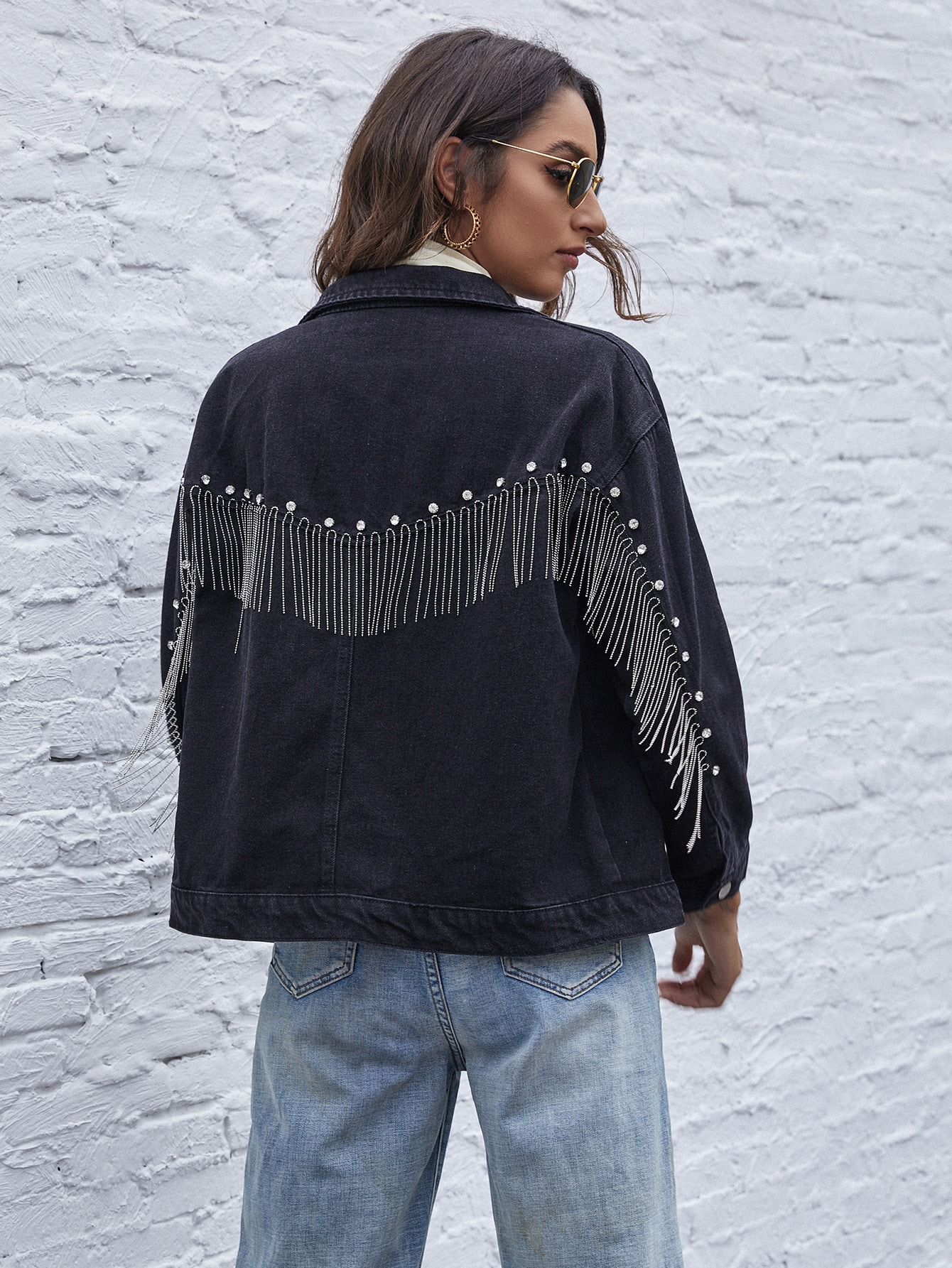 Giacca di jeans abbottonata con frange e strass | SHEIN ITALIA