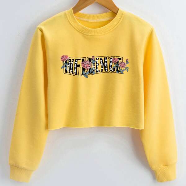

Girls Letter & Floral Print Crop Sweatshirt, Yellow