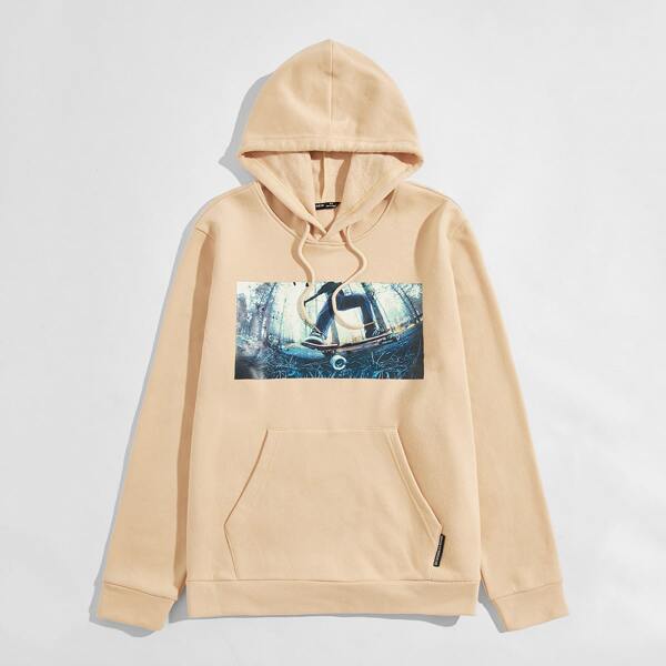 

Men Pouch Pocket Figure Graphic Hoodie, Apricot