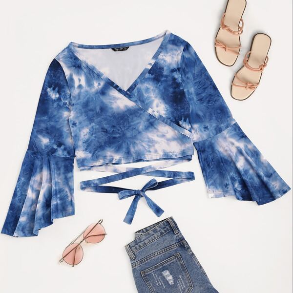 

Plus Tie Dye Print Tie Front Crop Top, Blue and white