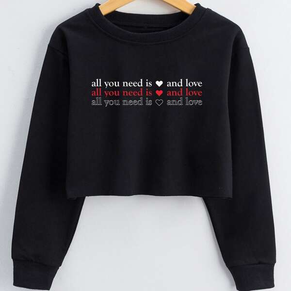 

Girls Slogan & Heart Print Crop Sweatshirt, Black