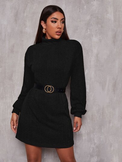 SHEIN Funnel Neck Lantern Sleeve Dress Without Belt