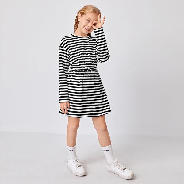 

Girls Knot Waist Striped Dress, Black and white