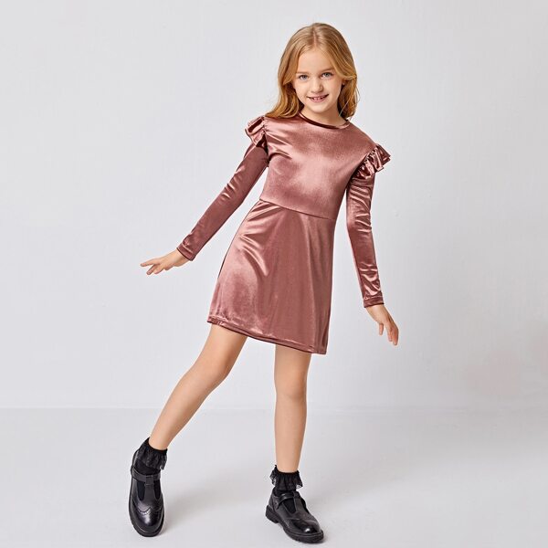 

Girls Ruffle Trim Velvet Dress, Dusty pink