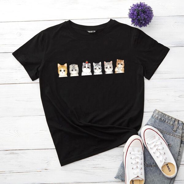 

Plus Cartoon Cat Print Tee, Black