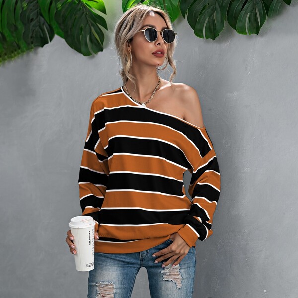 

Asymmetric Neck Stripe Sweatshirt, Multicolor
