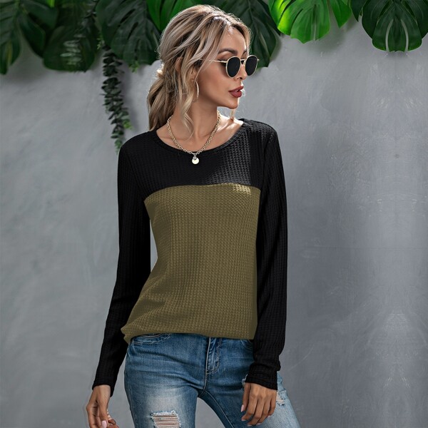 

Two Tone Waffle Knit Tee, Army green