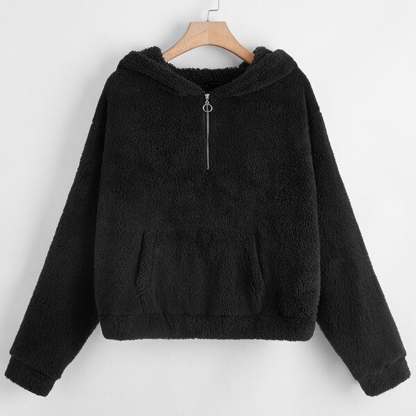 

Plus Half Zip Kangaroo Pocket Teddy Hoodie, Black