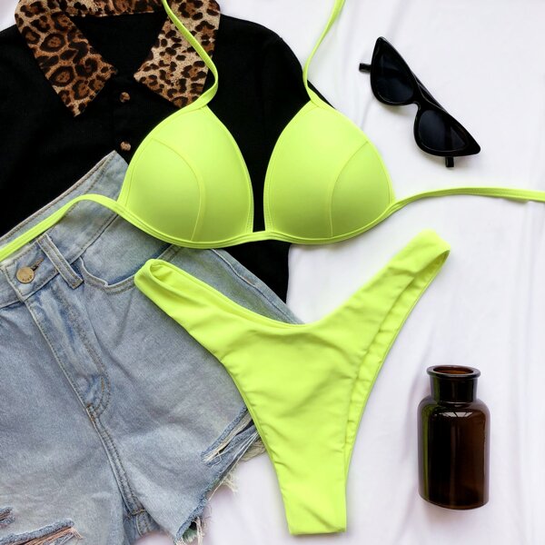 

Neon Lime Triangle High Cut Bikini Swimsuit, Neon lime green