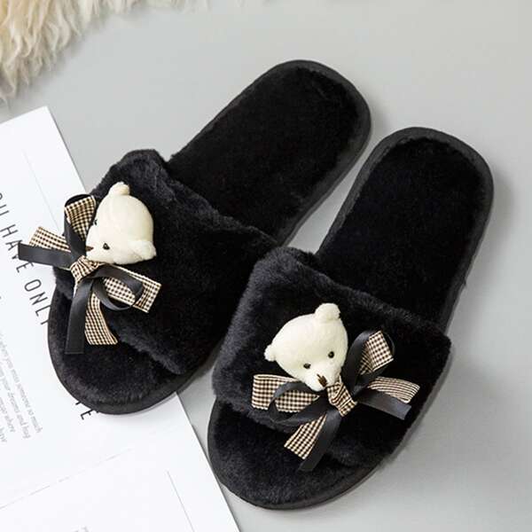 

Cartoon Decor Open Toe Fluffy Slippers, Black