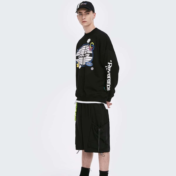 

Men Slogan & Cartoon Graphic Drop Shoulder Pullover, Black