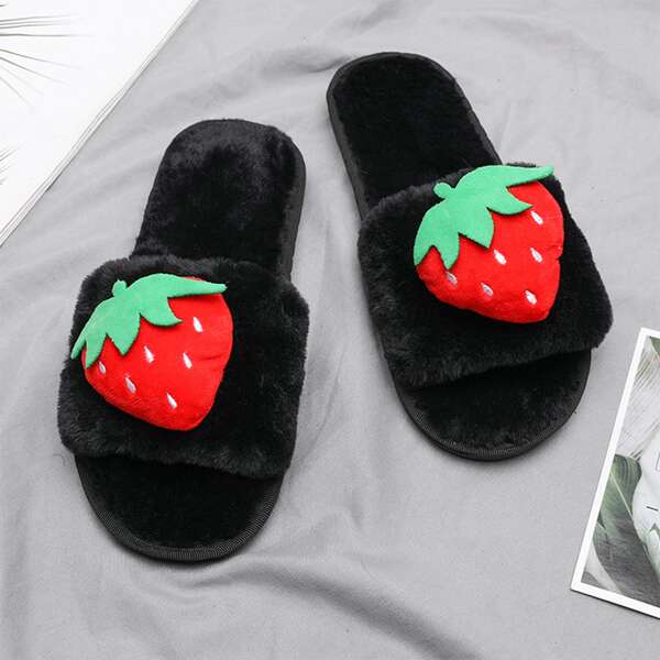 

Strawberry Decor Open Toe Fluffy Slippers, Black