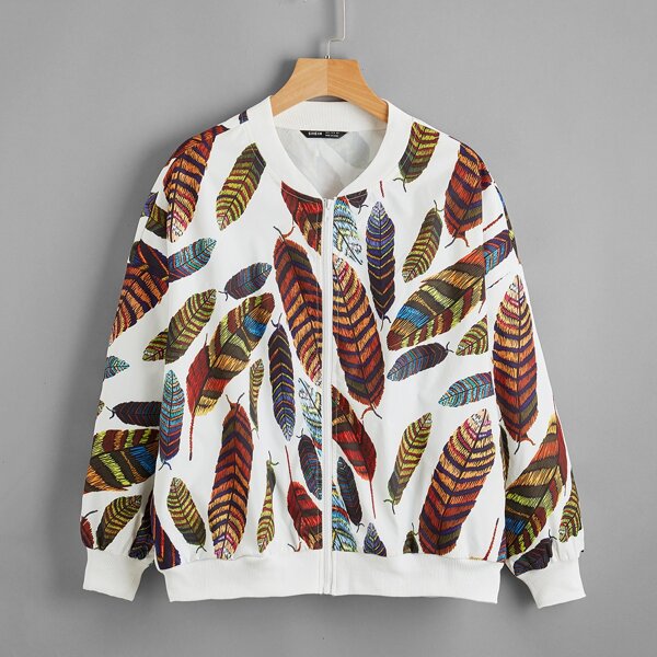 

Zip Up Feather Print Bomber Jacket, Multicolor