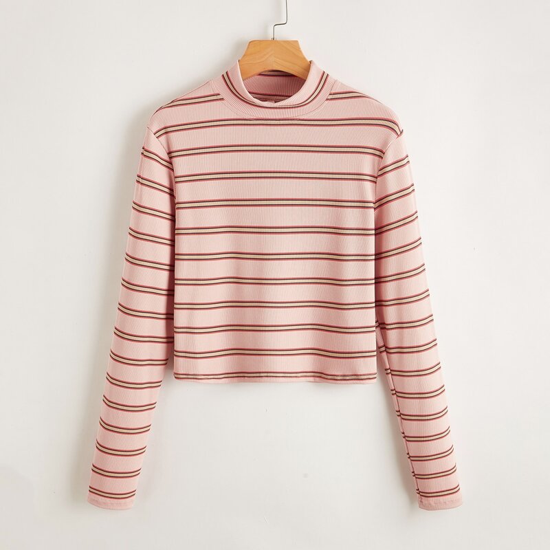 

Mock Neck Striped Tee, Baby pink