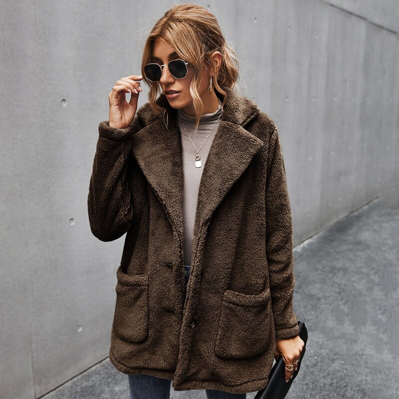 

Lapel Neck Dual Pocket Teddy Coat, Chocolate brown