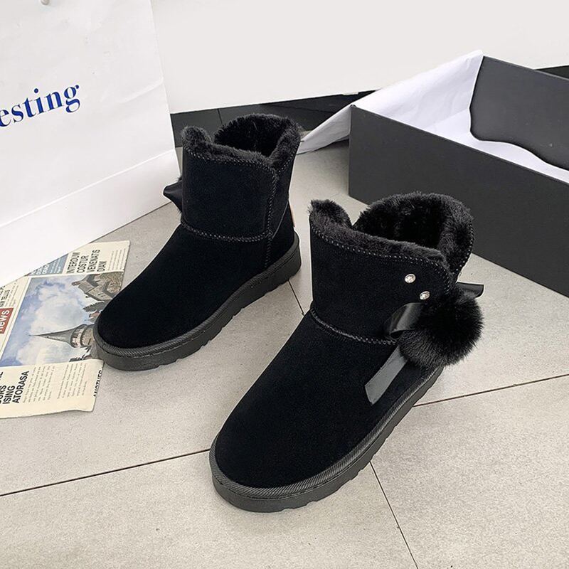 

Pom Pom Decor Faux Fur Lined Ankle Boots, Black