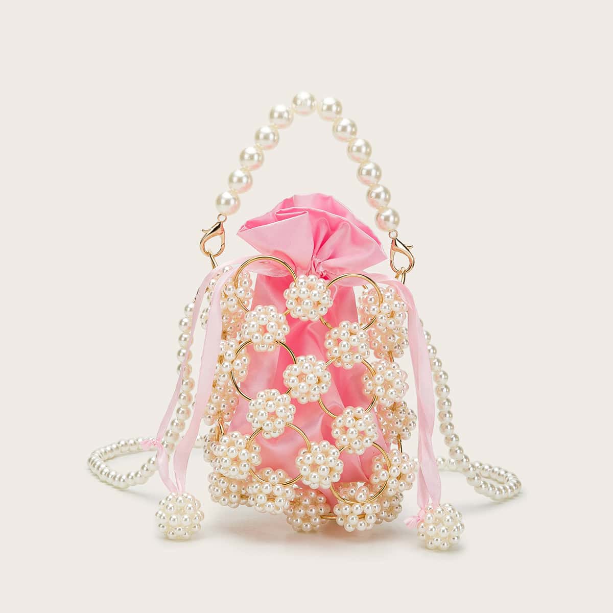 

Mini Hollow Out Faux Pearl Beaded Bucket Bag, Beige