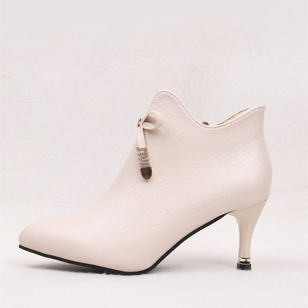 

Bow Decor Side Zip Stiletto Heeled Ankle Boots, Beige
