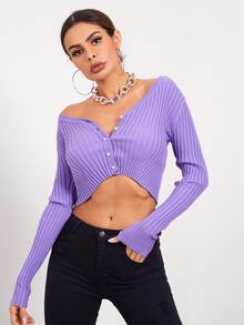 SHEIN Cárdigan corto tejido de canalé con botón delantero - Morado Violeta - Ver 4
