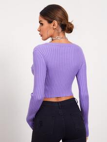 SHEIN Cárdigan corto tejido de canalé con botón delantero - Morado Violeta - Ver 2