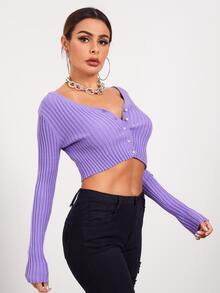 SHEIN Cárdigan corto tejido de canalé con botón delantero - Morado Violeta - Ver 3
