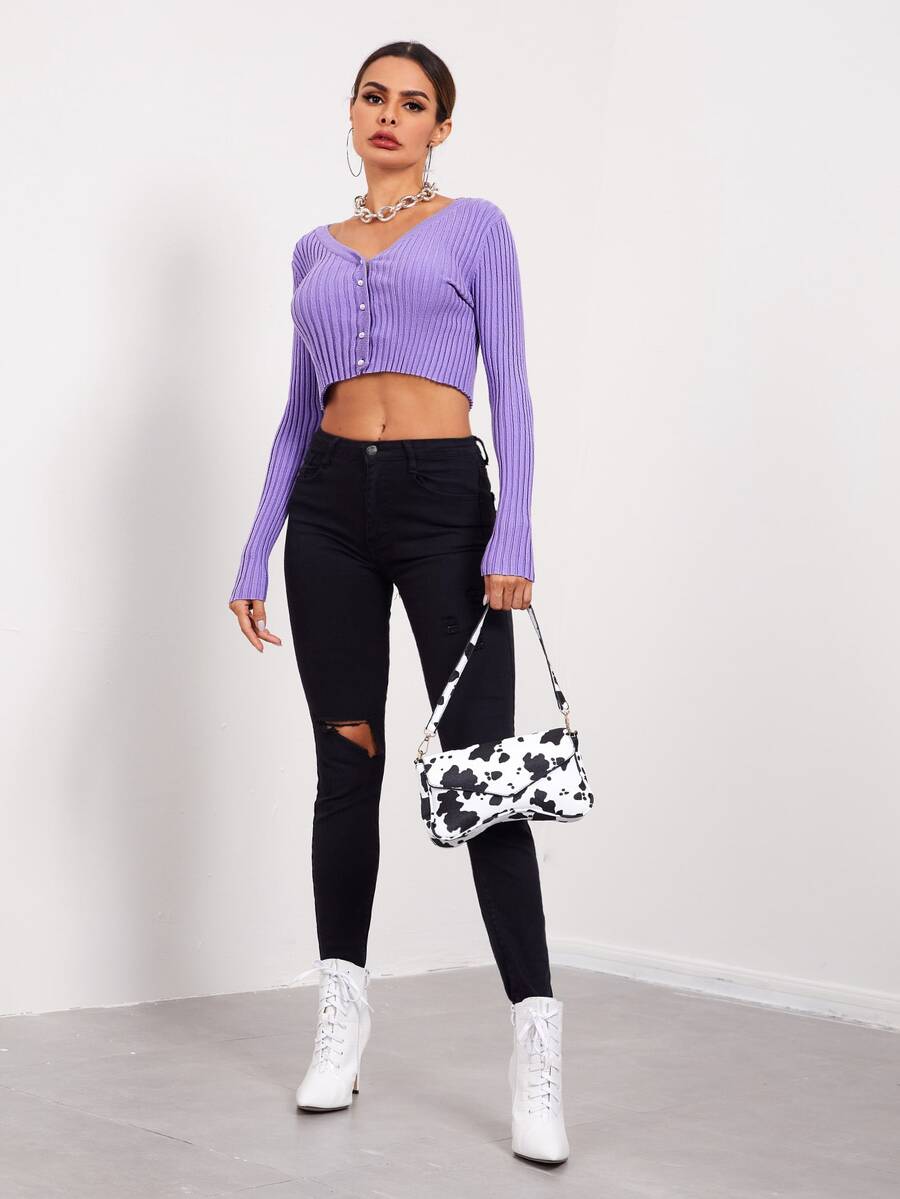 SHEIN Cárdigan corto tejido de canalé con botón delantero - Morado Violeta - Ver 1