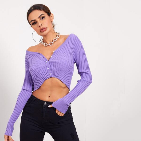 

Buttoned Front Rib-Knit Crop Cardigan, Violet purple