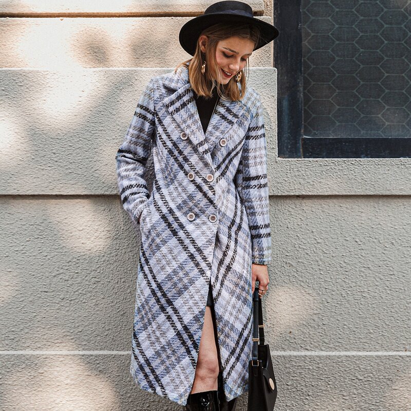 

Double Button Belted Plaid Coat, Multicolor