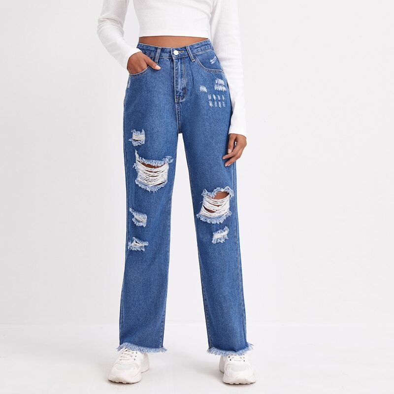 

High Waist Ripped Raw Hem Straight Jeans, Medium wash