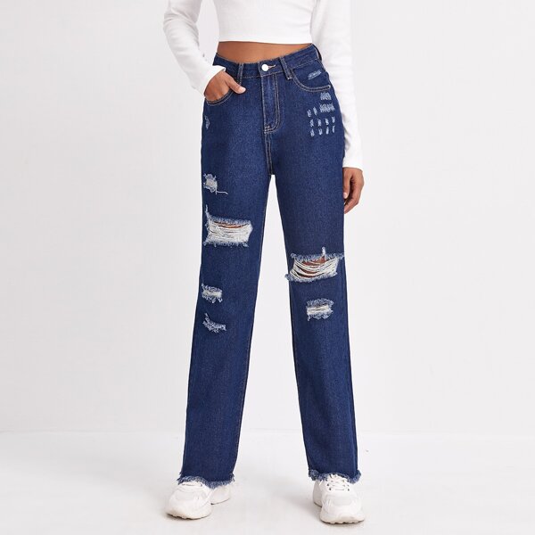 

High Waist Ripped Raw Hem Straight Jeans, Dark wash