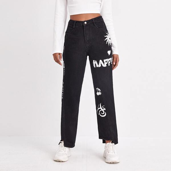 

Letter & Heart Graphic Asymmetrical Hem Jeans, Black