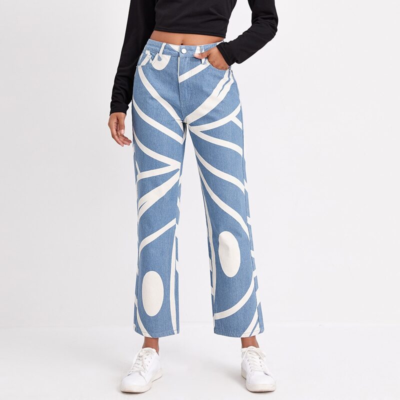 

Geo Print Straight Jeans, Light wash