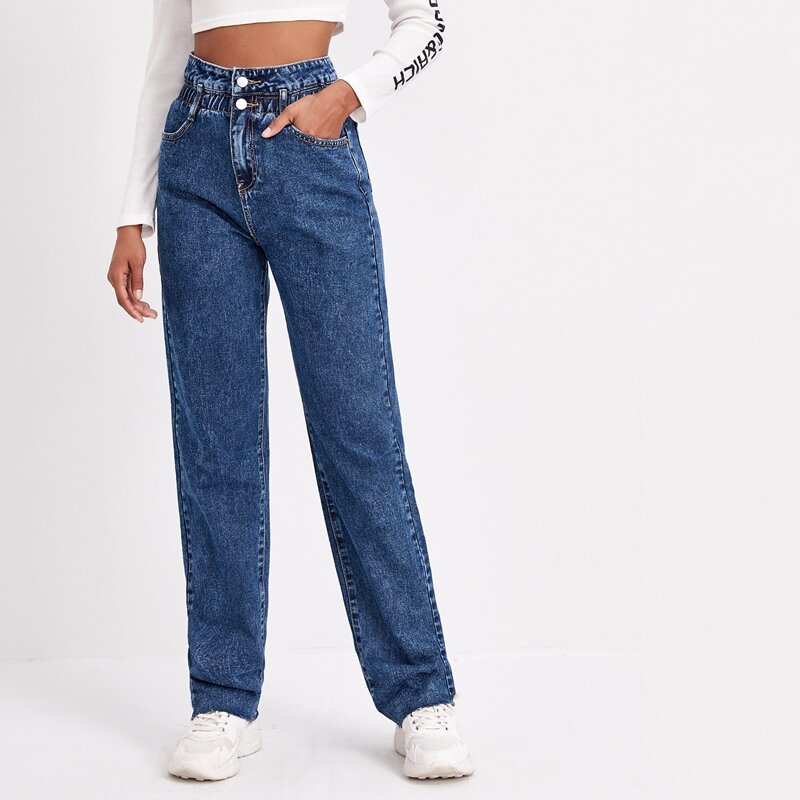 

Elastic Waist Straight Leg Jeans, Medium wash