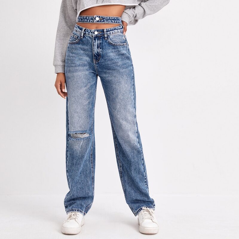 

Cut-out High Waist Ripped Jeans, Light wash