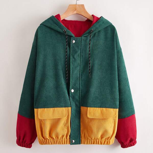 

Plus Color Block Drawstring Hooded Corduroy Jacket, Multicolor