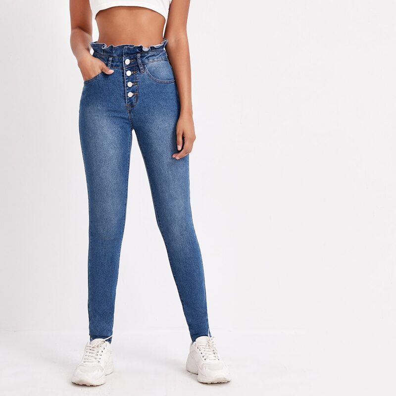 

Paperbag Waist Button Fly Skinny Jeans, Medium wash