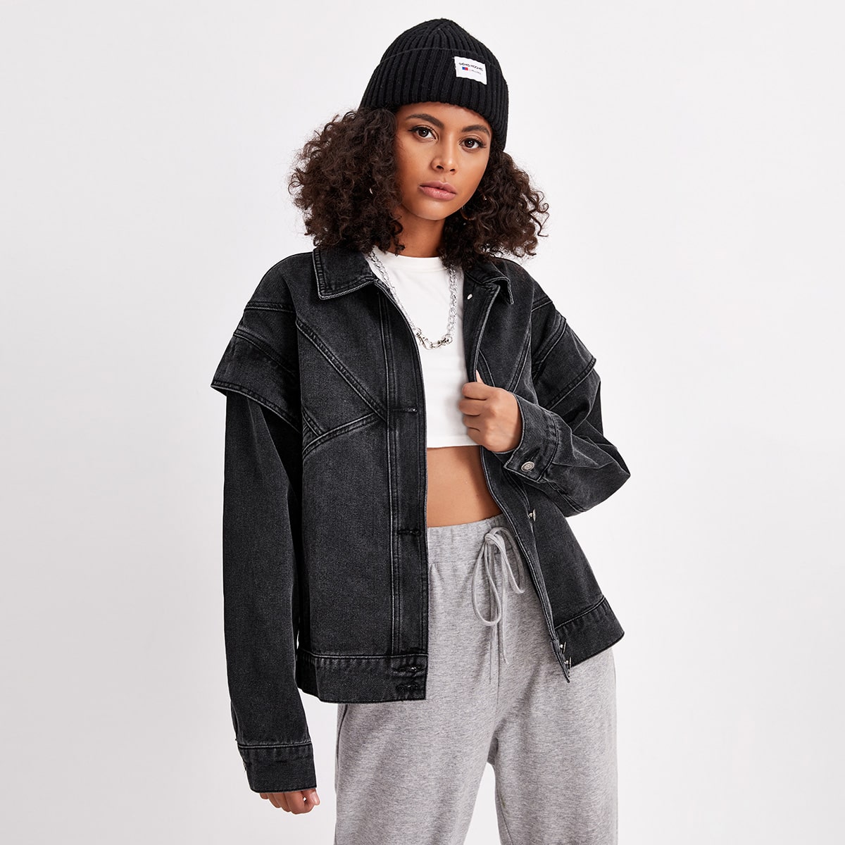 Image of Button Front Drop Shoulder Denim Jacket