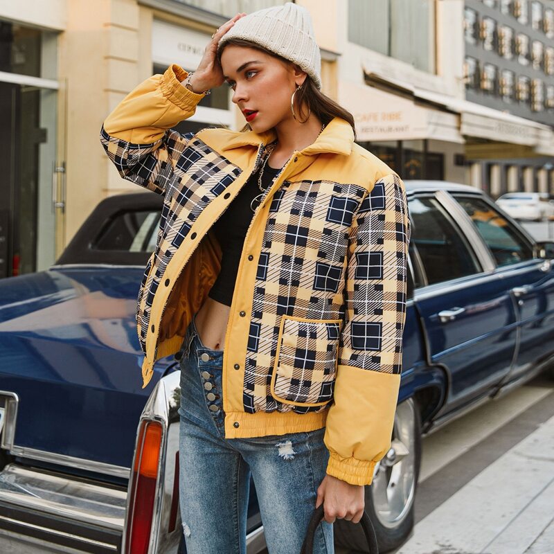 

Button Front Patch Pocket Plaid Puffer Jacket, Multicolor