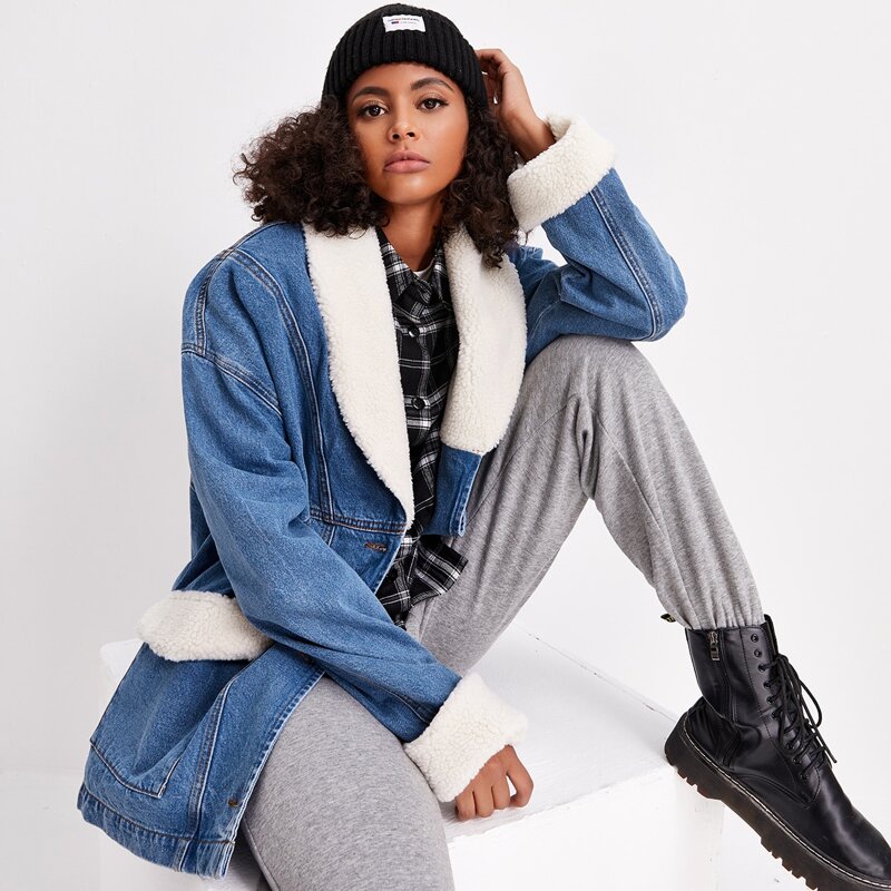 

Drop Shoulder Contrast Teddy Denim Jacket, Medium wash