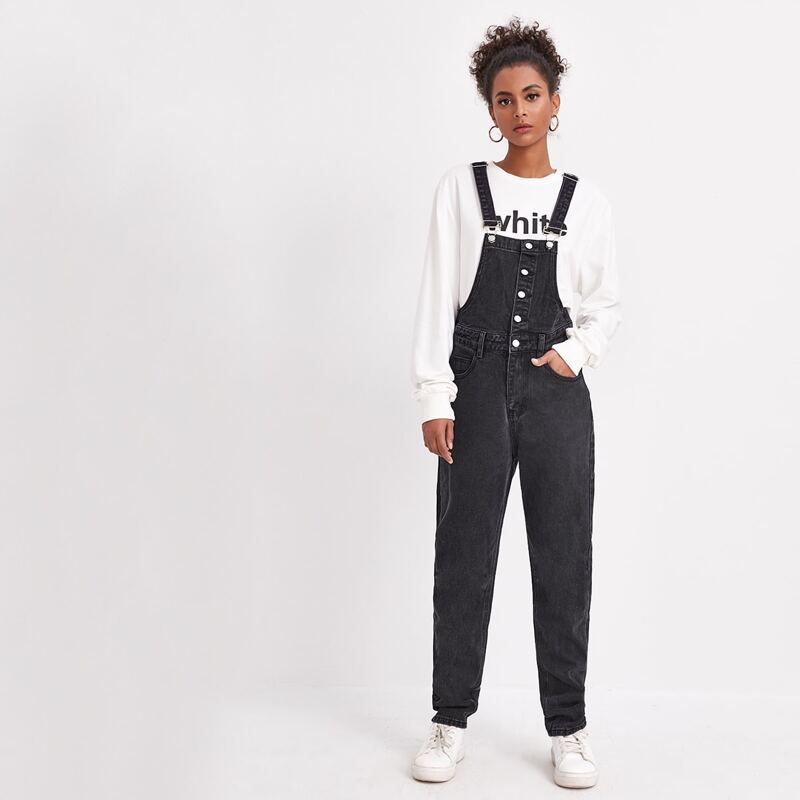 

Button Front Pocket Detail Solid Denim Overall, Black
