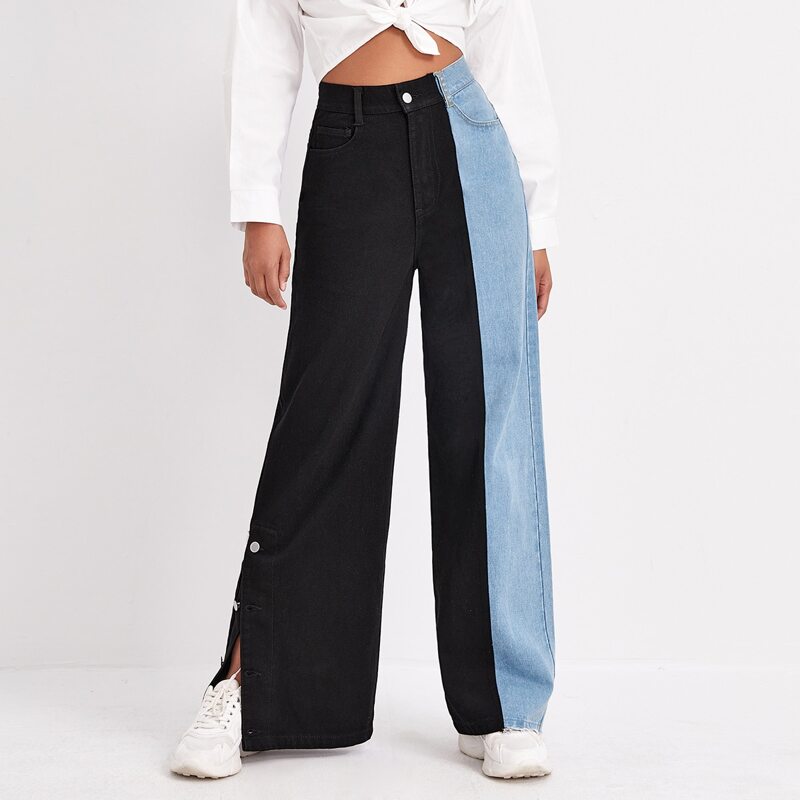 

High Waist Colorblock Slit Hem Wide Leg Jeans, Black