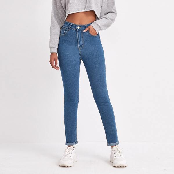 

Solid Slant Pocket Cuffed Hem Skinny Jeans, Medium wash