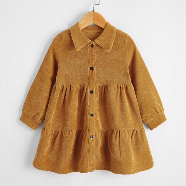 

Toddler Girls Solid Button Through Corduroy Babydoll Dress, Mustard yellow