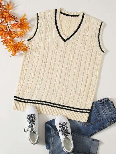 Plus Striped Cable Knit Sweater Vest