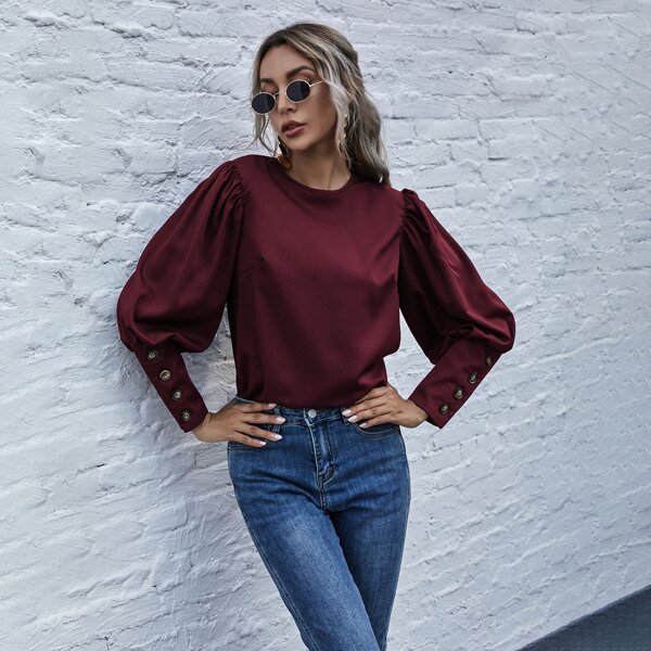 

Buttoned Cuff Gigot Sleeve Blouse, Maroon