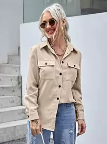 SHEIN LUNE Pocket Front Cord Blouse - Apricot - View 1