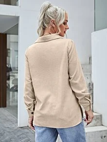 SHEIN LUNE Pocket Front Cord Blouse - Apricot - View 2